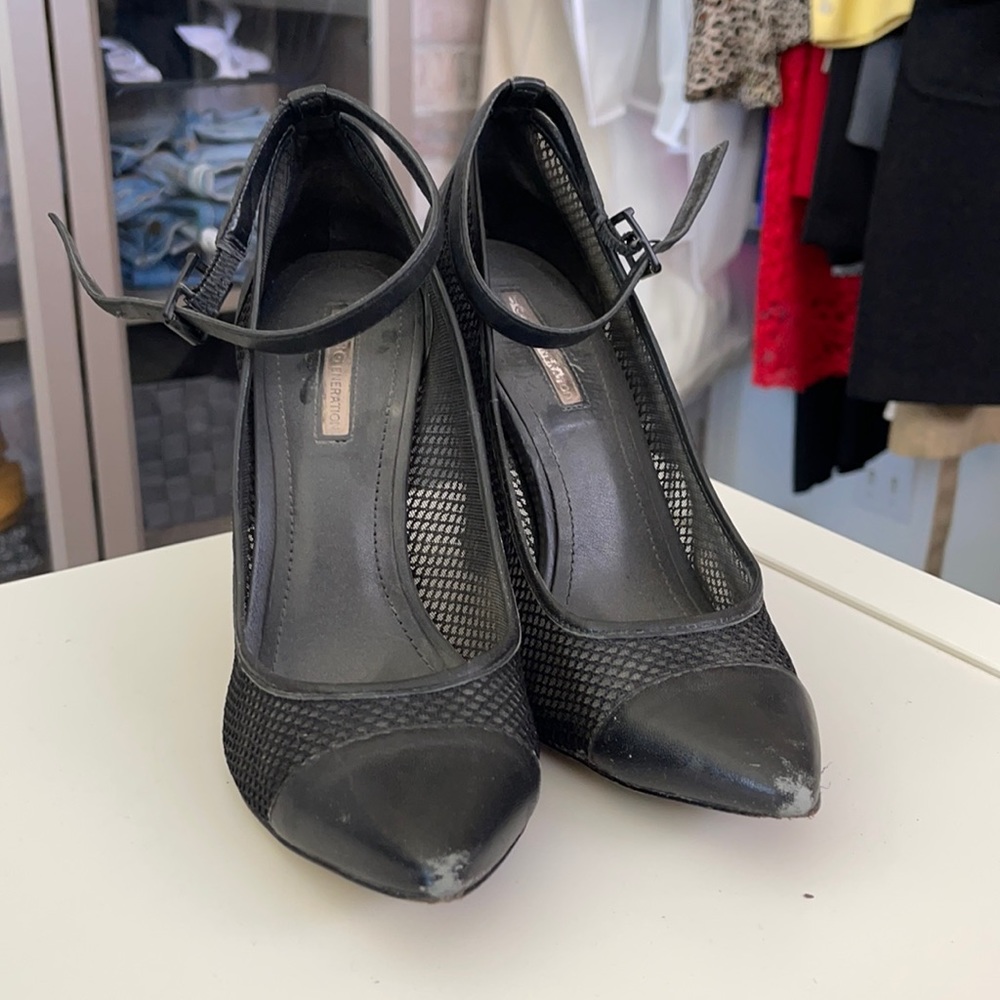 BCBG fishnet heels with ankle strap.